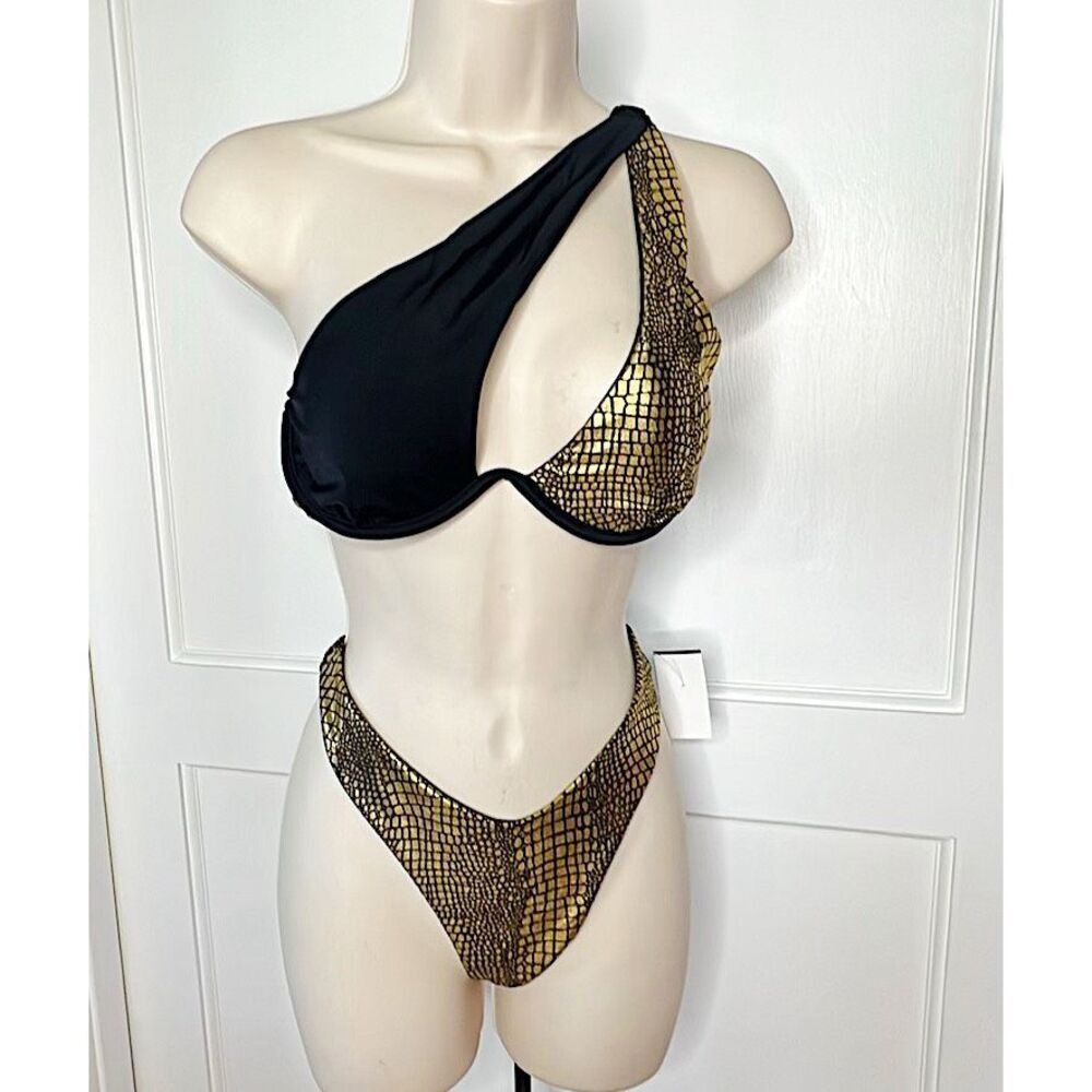 Zaful Metallic Gold Snakeskin Disco One Shoulder Bikini Size 8 Nwt